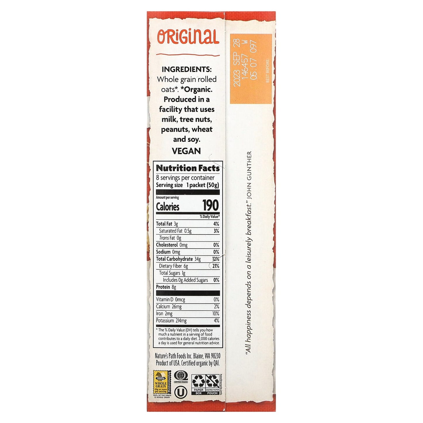Nature's Path, Organic Instant Oatmeal, Original, 8 Packets, 14 oz (400 g) - Image 2