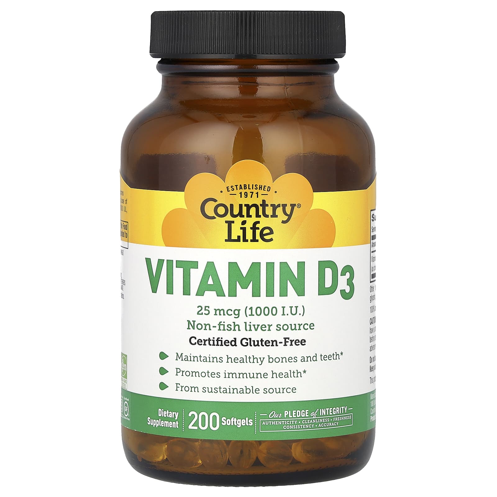 Vitamin D3 25 mcg (1,000 I.U.) by Country Life - Healthy Bones & Immune Support - Image 1