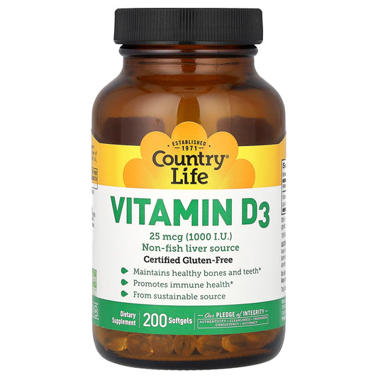 Vitamin D3 25 mcg (1,000 I.U.) by Country Life - Healthy Bones & Immune Support - Image 1