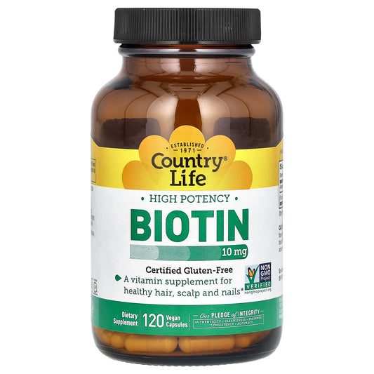 Country Life Biotin 10mg, 120 Vegan Capsules for Healthy Hair, Scalp & Nails - Image 1