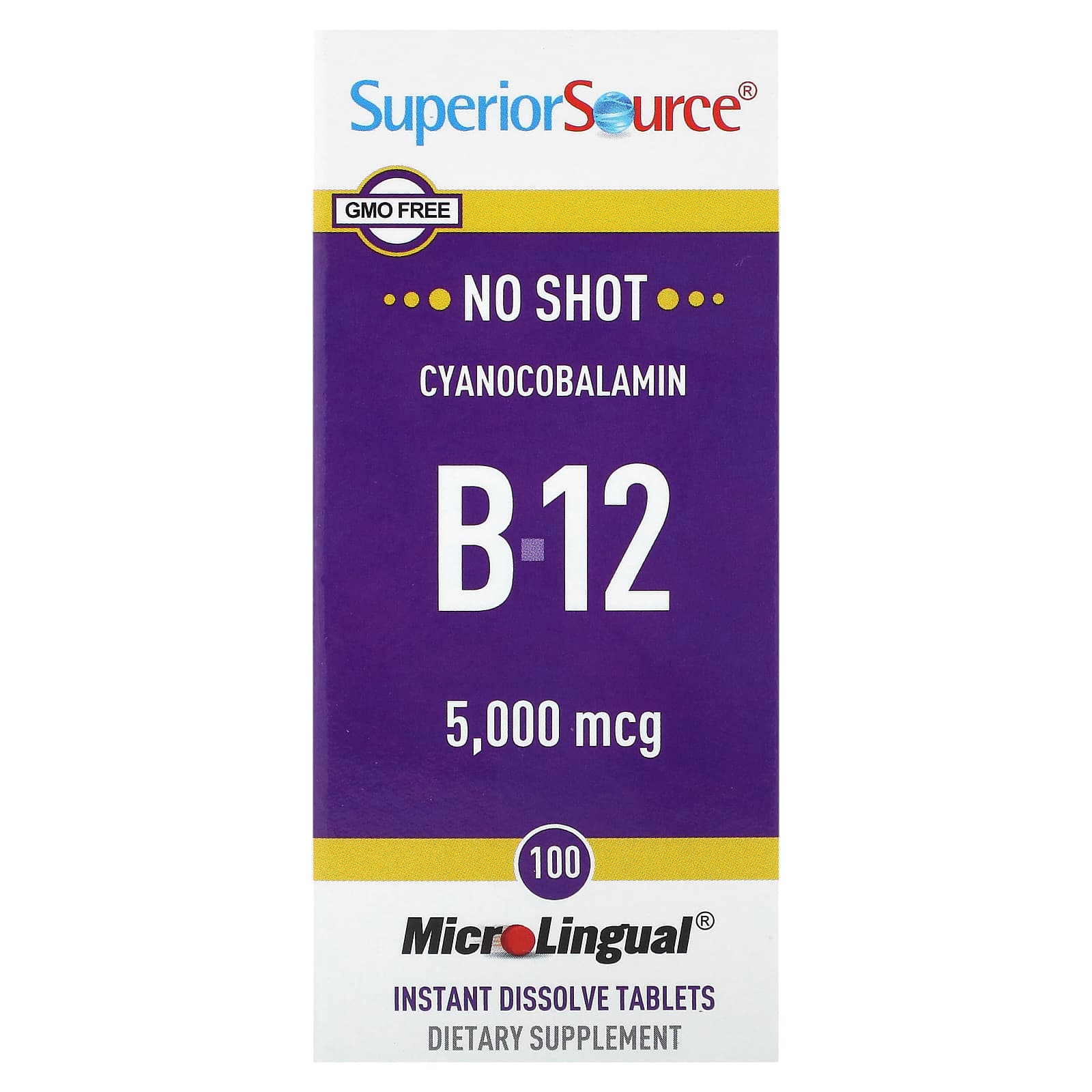 Superior Source, B-12 (Cyanocobalamin), 5,000 mcg, 100 MicroLingual Instant Dissolve Tablets - Image 1