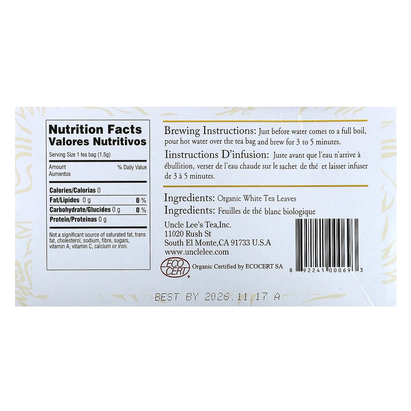 Uncle Lee's Tea, Organic White Tea, 100 Tea Bags, 5.29 oz (150 g) - Image 2