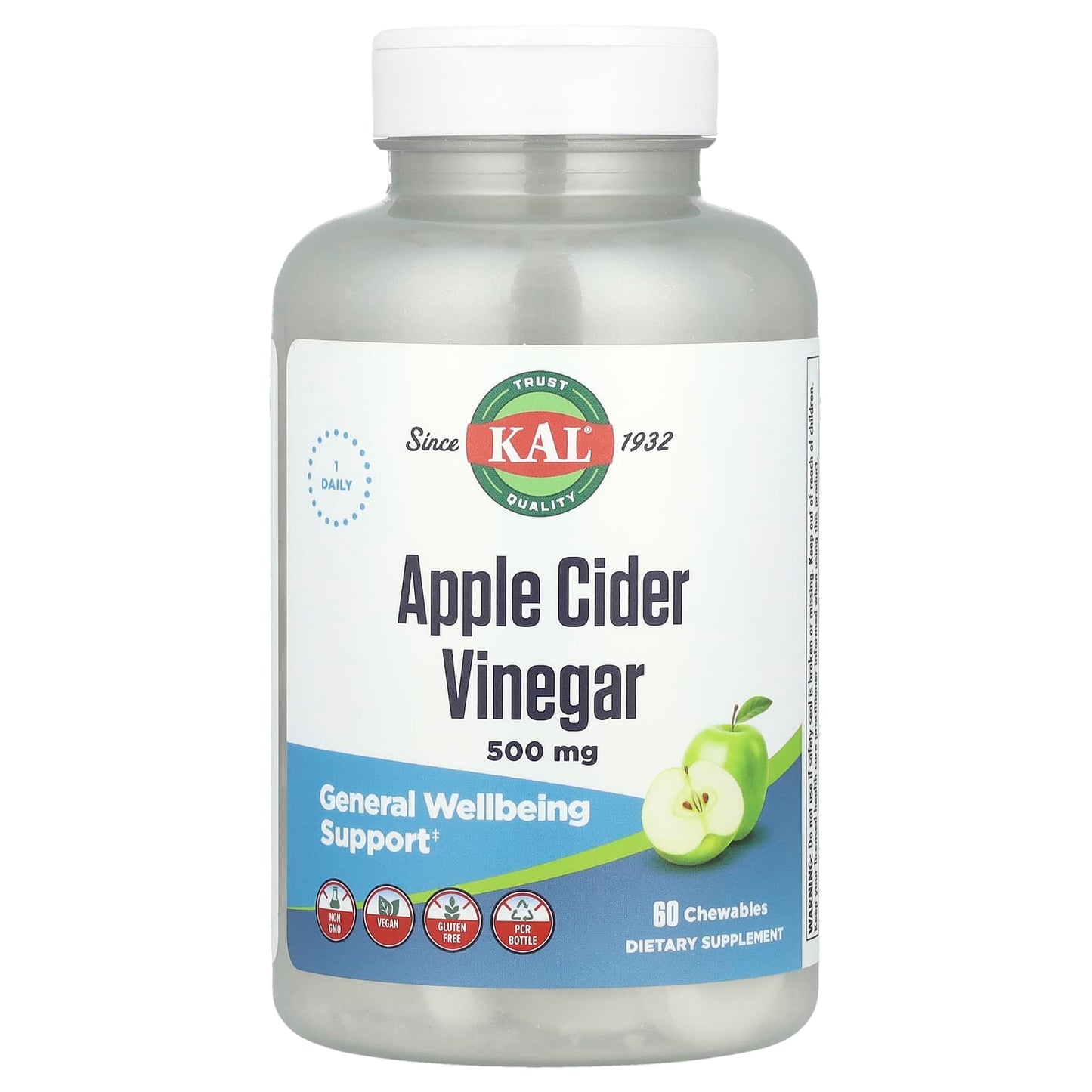 KAL, Apple Cider Vinegar, Green Apple, 500 mg, 60 Chewables - Image 1