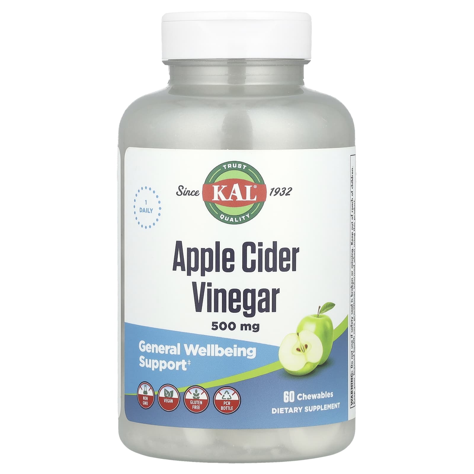 KAL, Apple Cider Vinegar, Green Apple, 500 mg, 60 Chewables - Image 1
