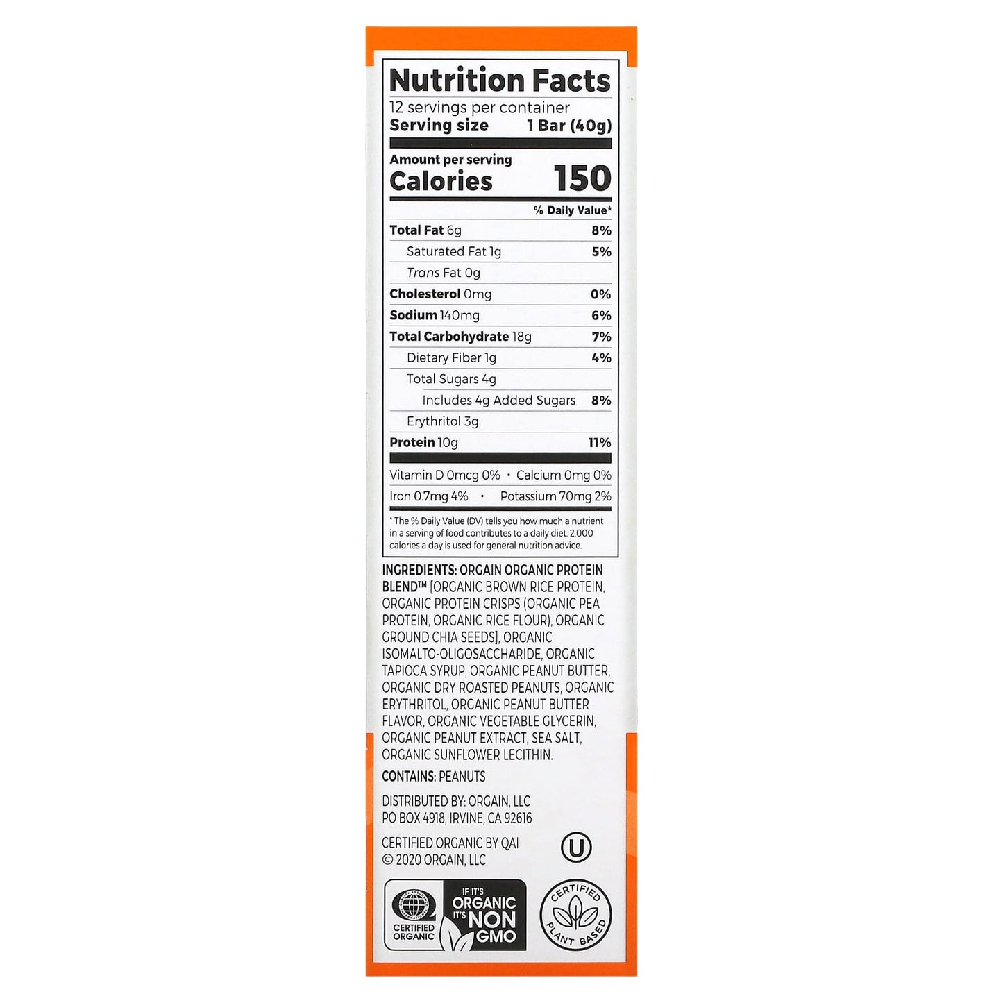 Orgain, Organic Plant-Based Protein Bar, Peanut Butter, 12 Bars, 1.41 oz (40 g) Each - Image 2