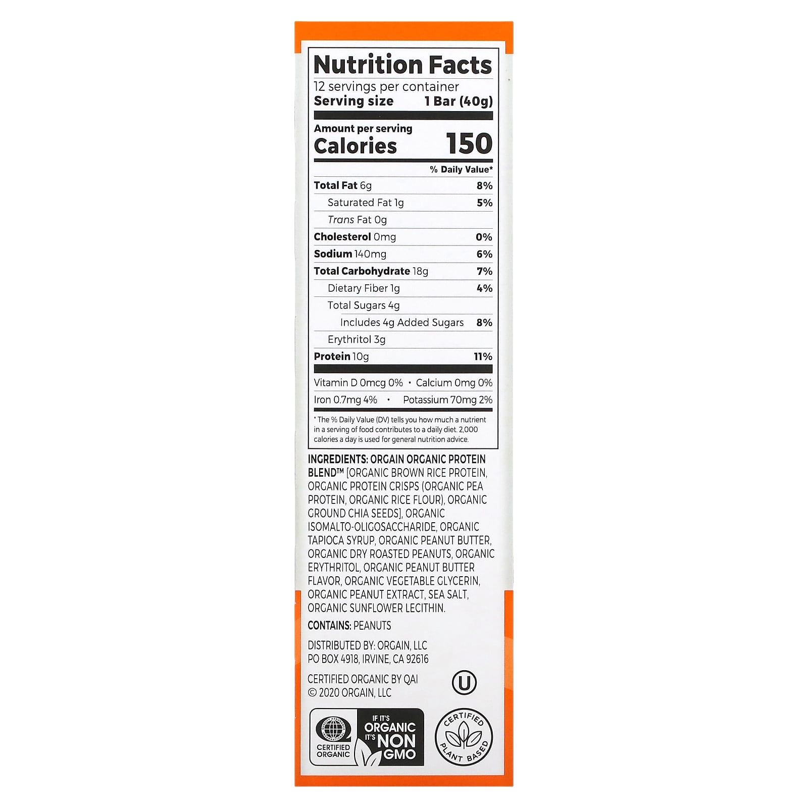 Orgain, Organic Plant-Based Protein Bar, Peanut Butter, 12 Bars, 1.41 oz (40 g) Each - Image 2
