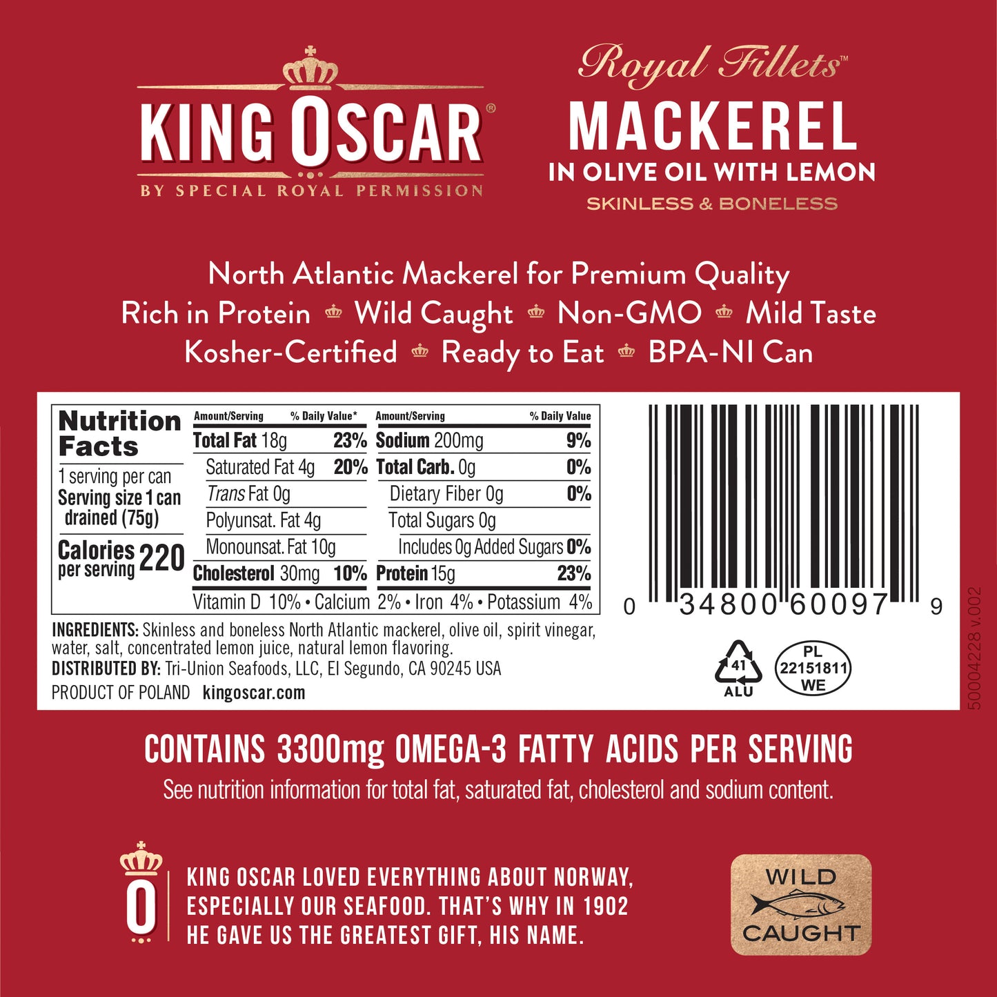 King Oscar, Royal Fillets, Mackerel in Olive Oil with Lemon, 4.05 oz (115 g) - Image 2