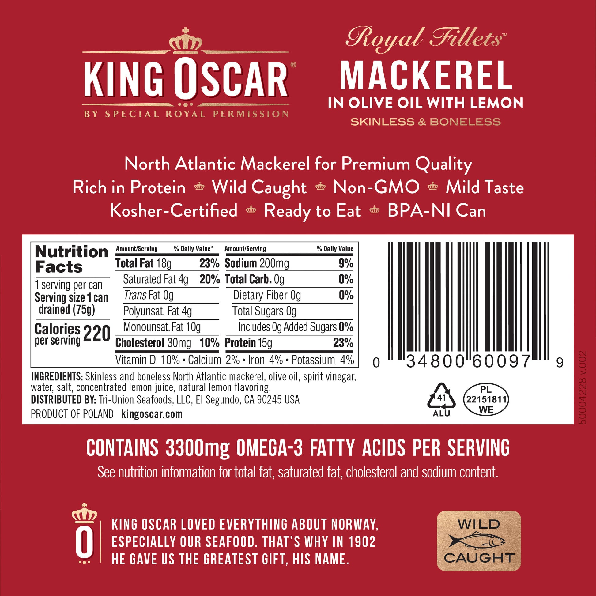 King Oscar, Royal Fillets, Mackerel in Olive Oil with Lemon, 4.05 oz (115 g) - Image 2