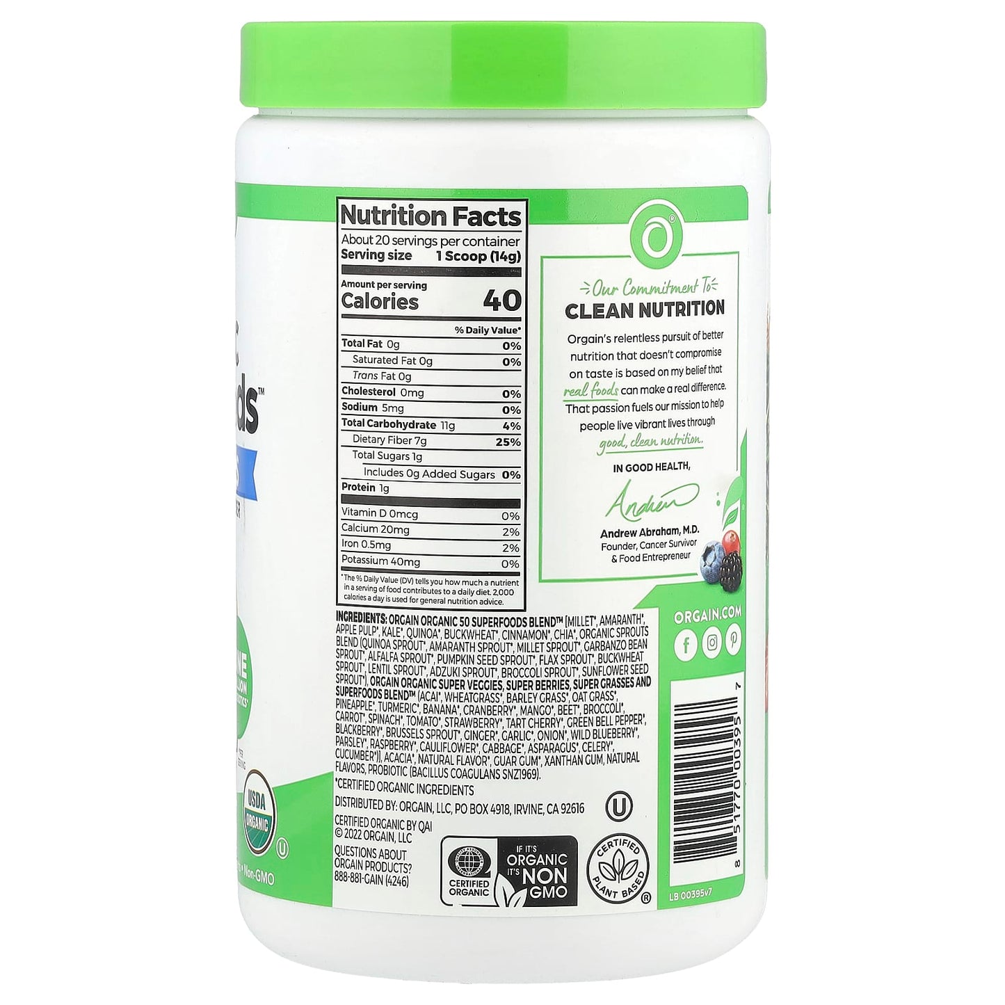Orgain, Organic Superfoods™ + Probiotics, Original, 9.9 oz (280 g) - Image 2