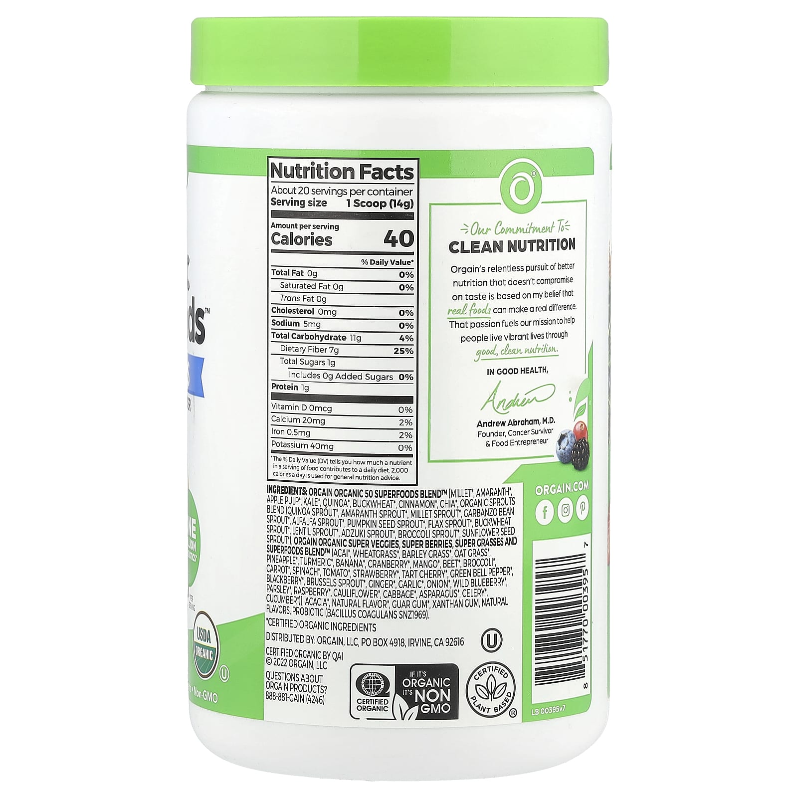 Orgain, Organic Superfoods™ + Probiotics, Original, 9.9 oz (280 g) - Image 2