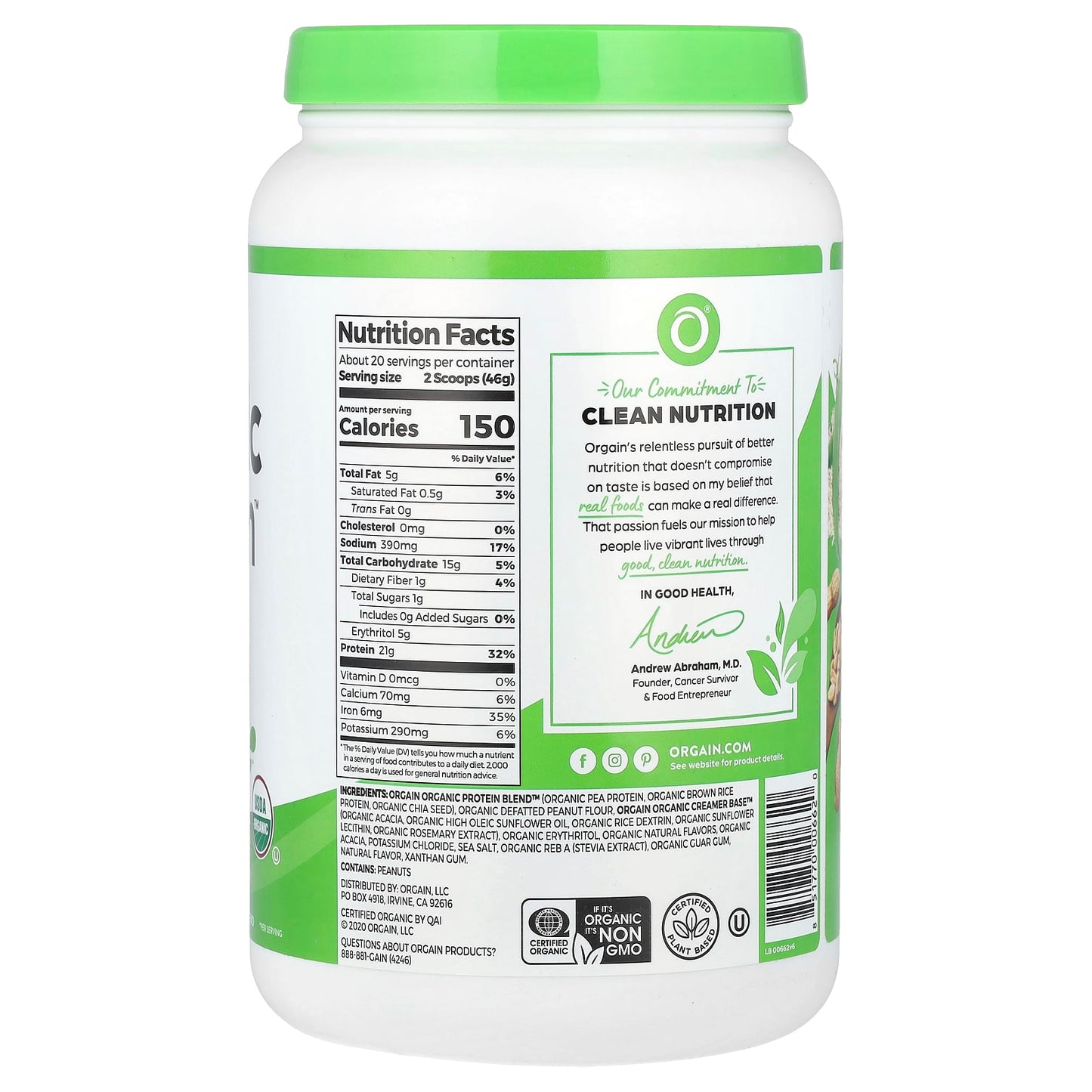 Orgain, Organic Protein Powder, Plant-Based, Peanut Butter, 2.03 lb (920 g) - Image 2