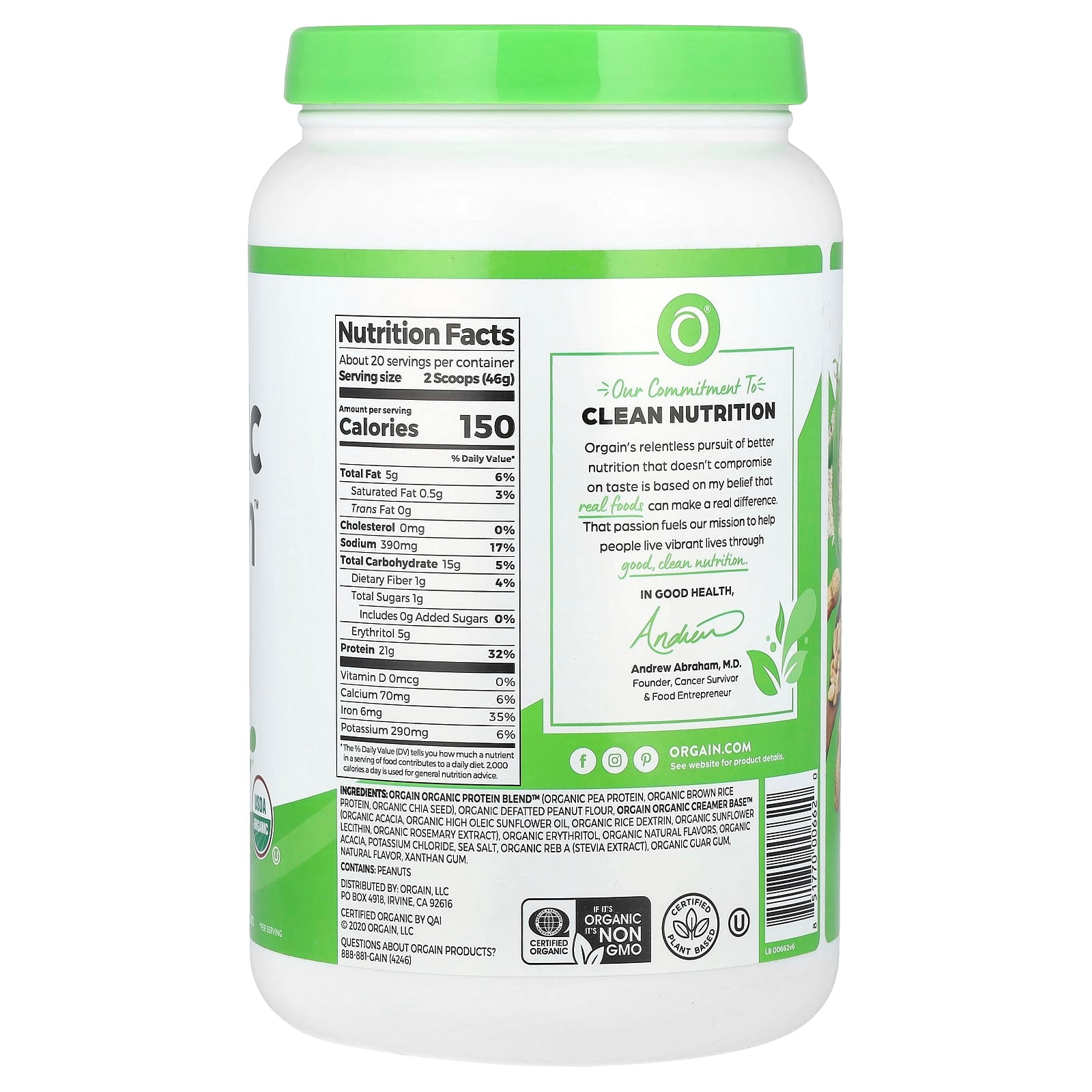 Orgain, Organic Protein Powder, Plant-Based, Peanut Butter, 2.03 lb (920 g) - Image 2