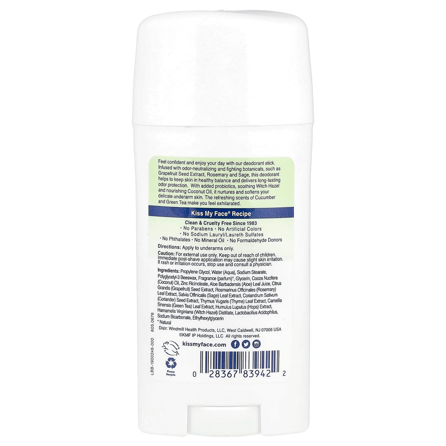 Kiss My Face, Active Life®, Stick Deodorant, Cucumber + Green Tea, 2.48 oz (70 g) - Image 2