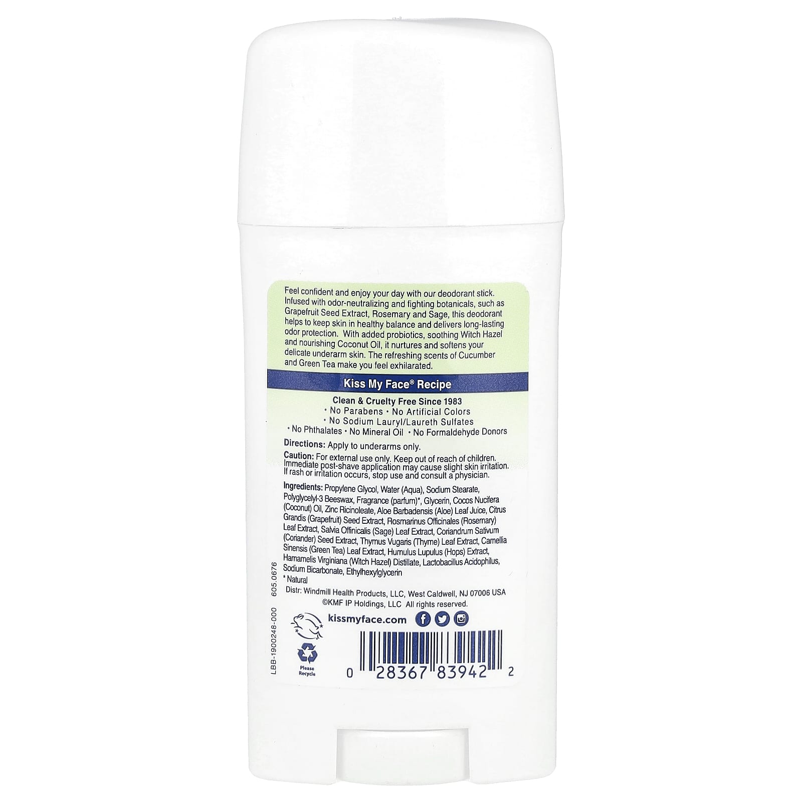 Kiss My Face, Active Life®, Stick Deodorant, Cucumber + Green Tea, 2.48 oz (70 g) - Image 2