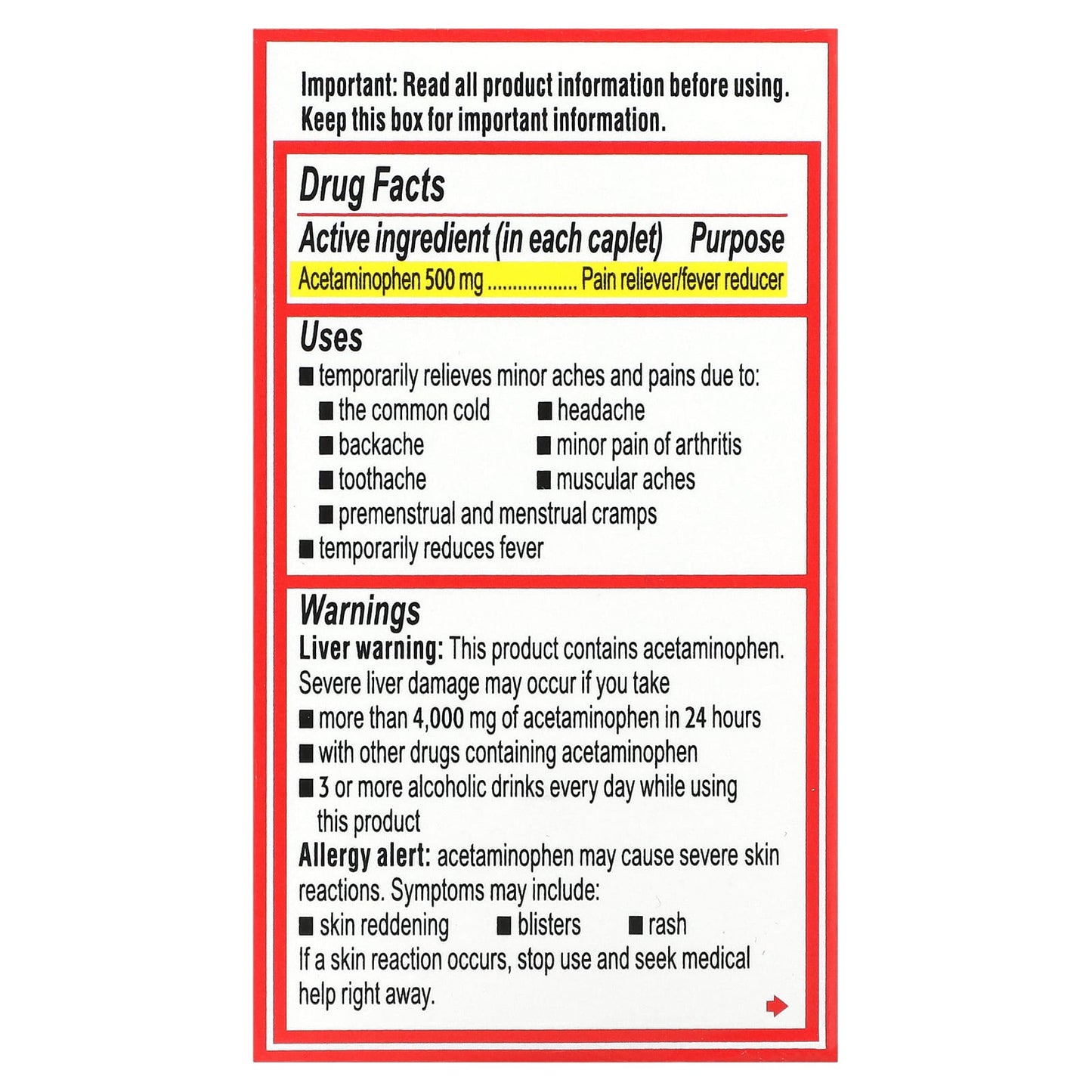 Tylenol, Extra Strength, Acetaminophen Pain Reliever Fever Reducer For Adults, 500 mg, 50 Caplets - Image 2