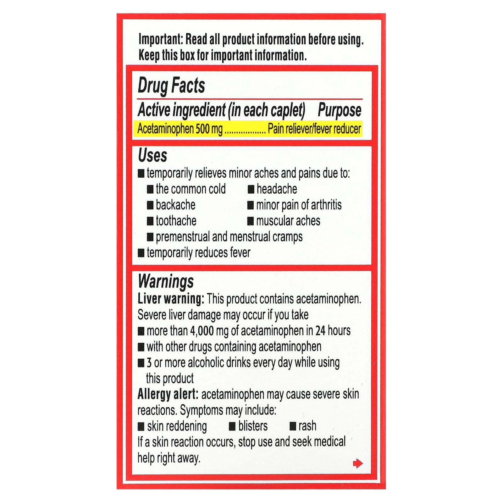 Tylenol, Extra Strength, Acetaminophen Pain Reliever Fever Reducer For Adults, 500 mg, 50 Caplets - Image 2