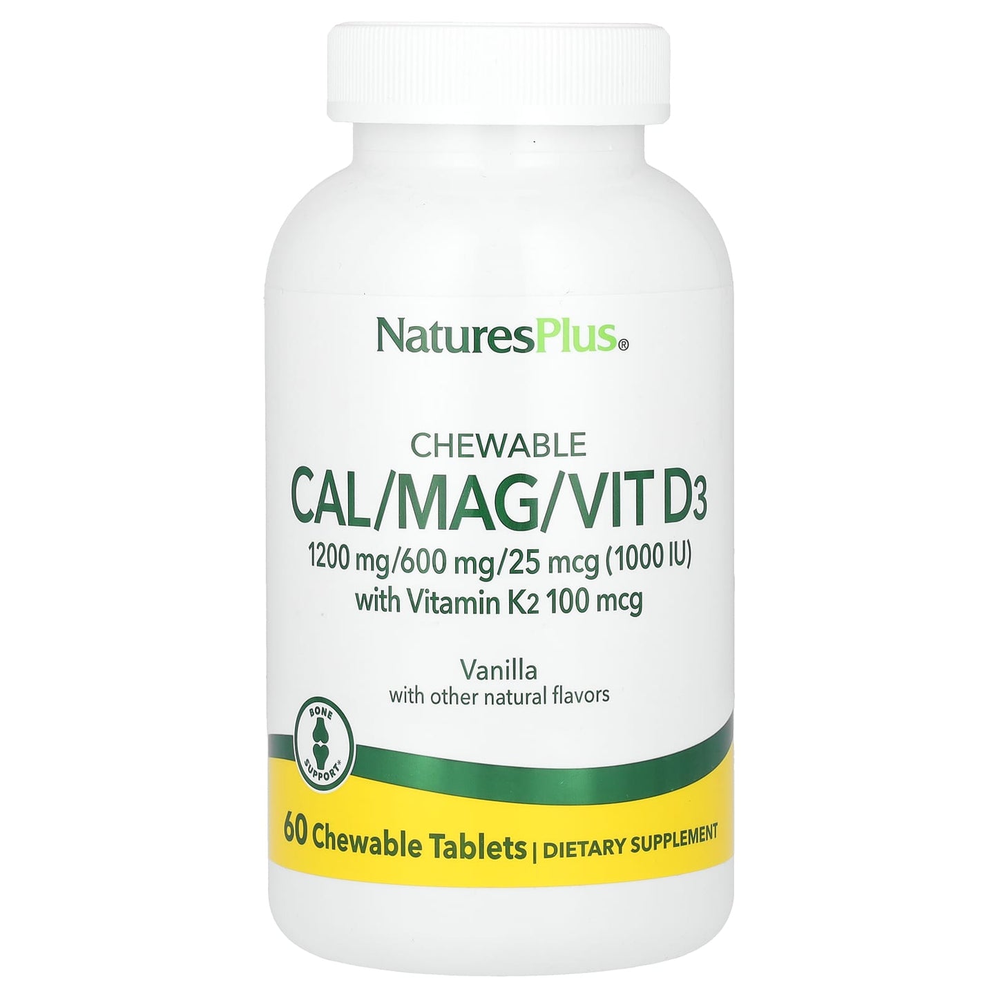 NaturesPlus, Chewable Cal/Mag/Vit D3 with Vitamin K2, Vanilla, 60 Chewable Tablets - Image 1