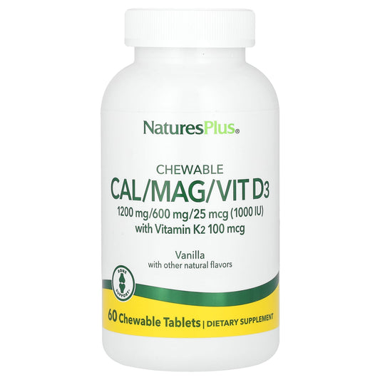 NaturesPlus, Chewable Cal/Mag/Vit D3 with Vitamin K2, Vanilla, 60 Chewable Tablets - Image 1