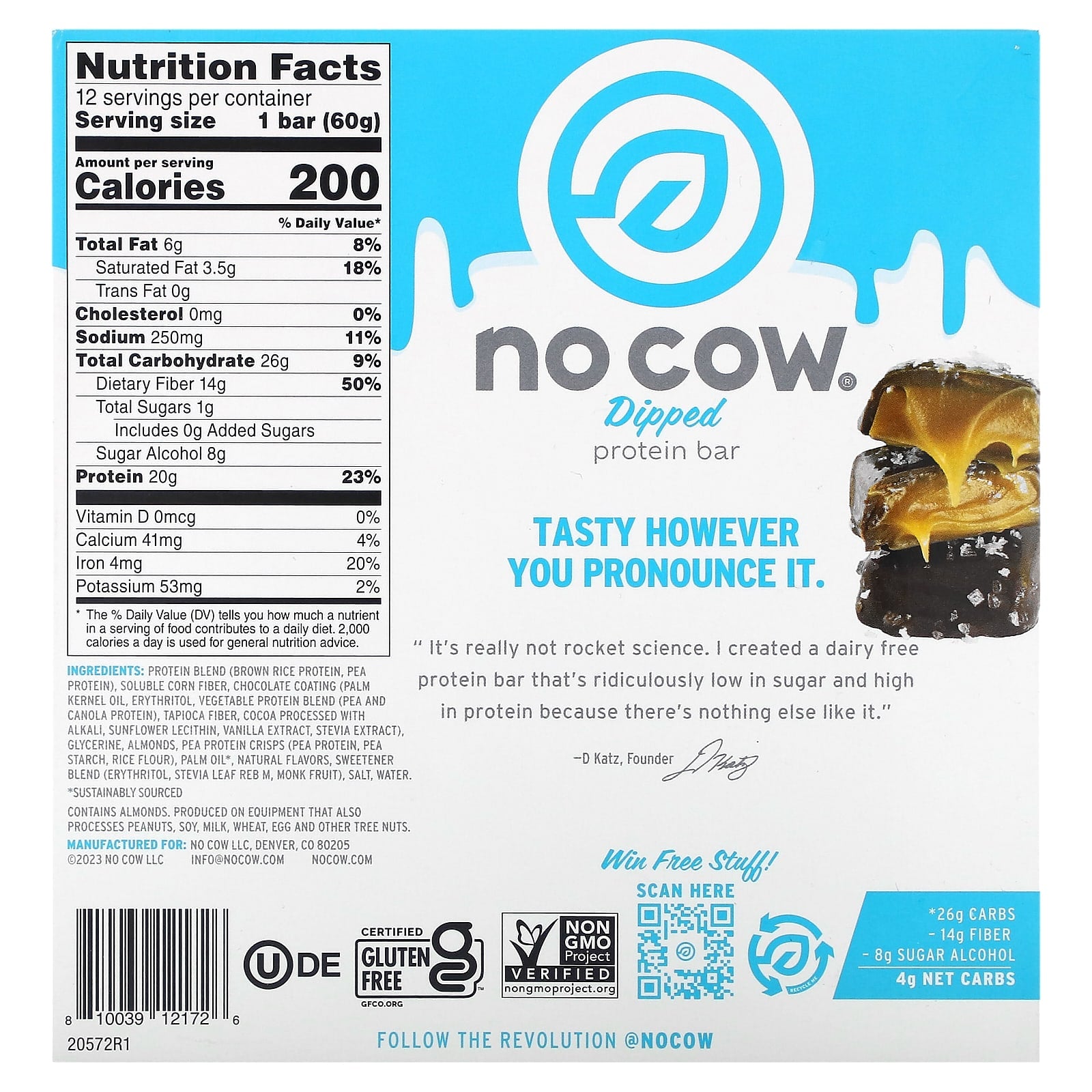 No Cow, Dipped Protein Bar, Chocolate Salted Caramel, 12 Bars, 2.12 oz (60 g) Each - Image 2