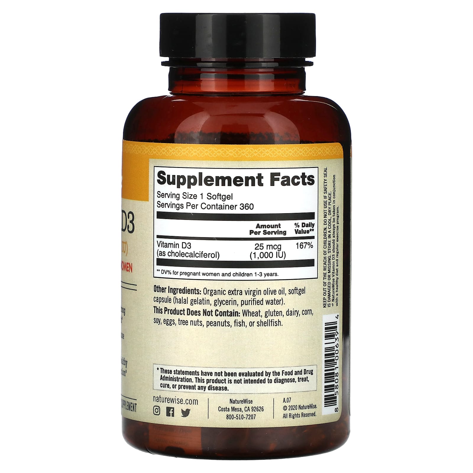 NatureWise, Vitamin D3, 25 mcg (1,000 IU), 360 Softgels - Image 2