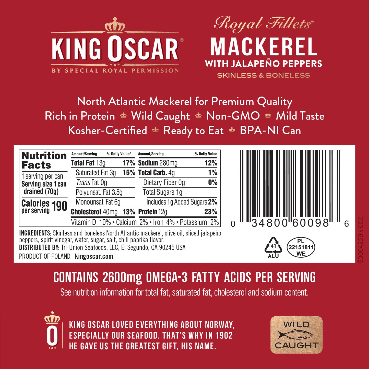 King Oscar, Royal Fillets, Mackerel With Jalapeno Peppers, 4.05 oz (115 g) - Image 2