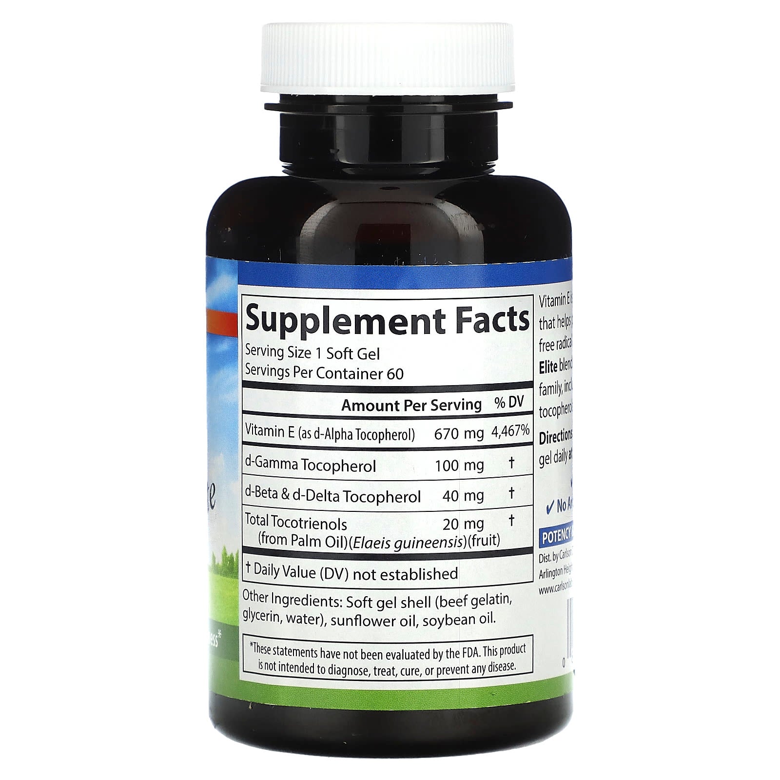 Carlson E-Gems Elite Vitamin E Supplement with Tocopherols & Tocotrienols 60 Soft Gels - Image 2