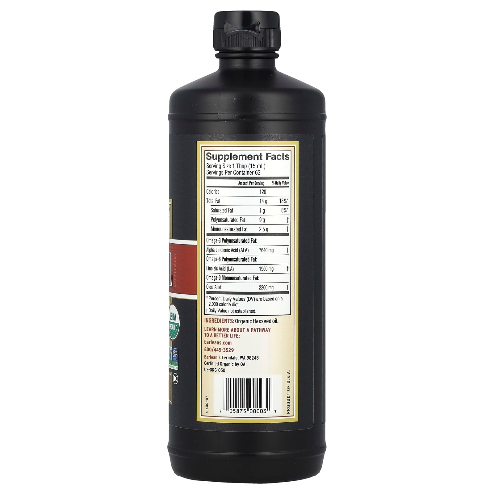 Boost Omega-3s with Barlean's USDA Organic Flax Oil (32 fl oz) - Image 2