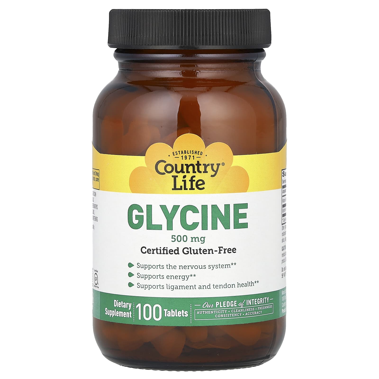 Country Life Glycine 500mg, 100 Tablets - Nervous System & Energy Support - Image 1