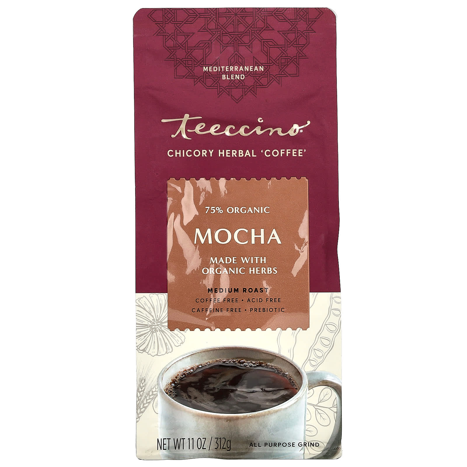 Teeccino, Chicory Herbal Coffee, Mocha, Medium Roast, Caffeine Free, 11 oz (312 g) - Image 1