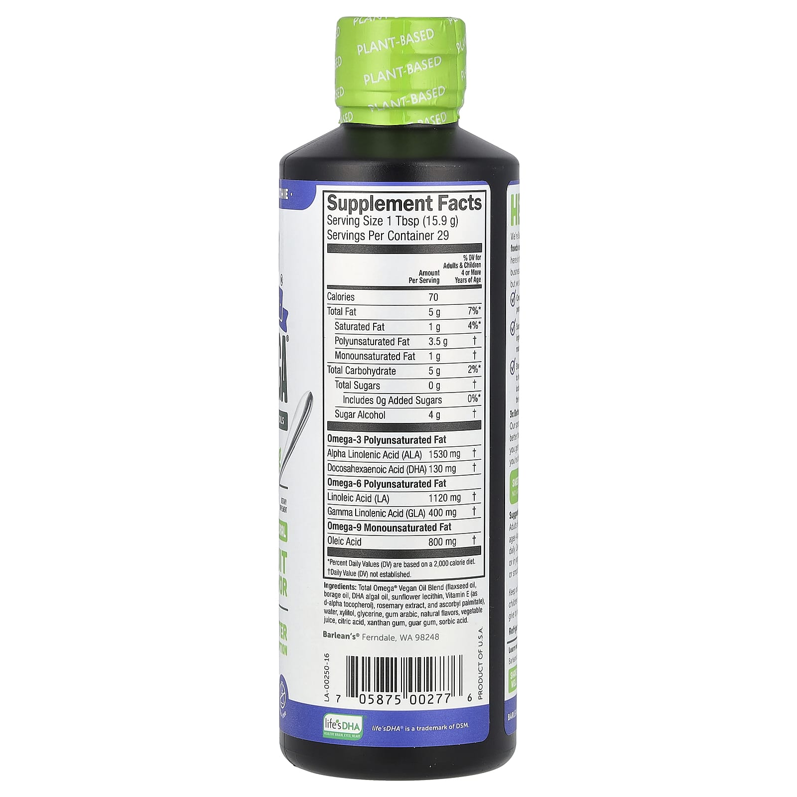 Barlean's, Plant Based Total Omega 3 · 6 · 9, Pomegranate Blueberry Smoothie, 3,980 mg, 16 oz (454 g)