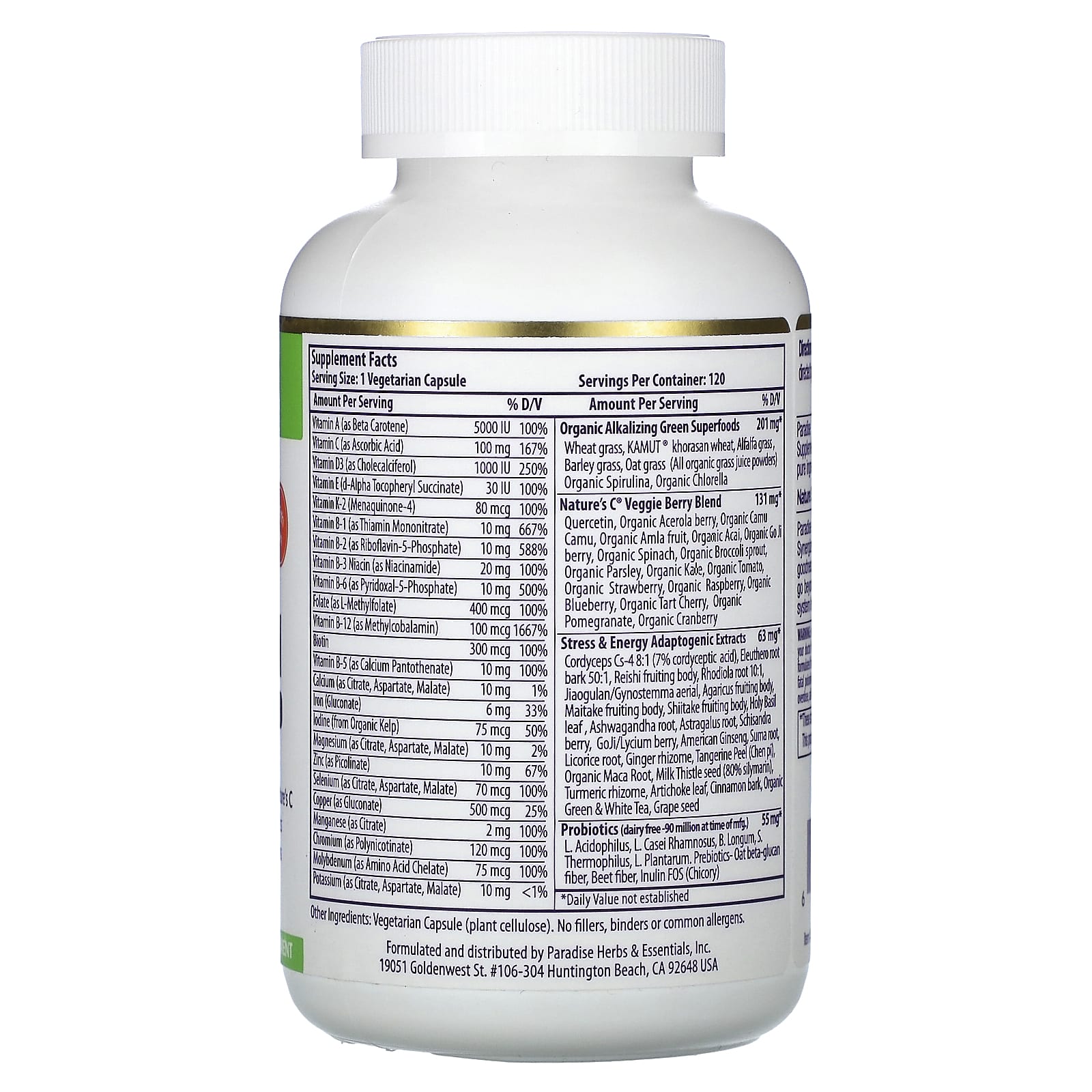 Paradise Herbs, Earth's Blend, One Daily Superfood Multi-Vitamin with Iron, 120 Vegetarian Capsules - Image 2