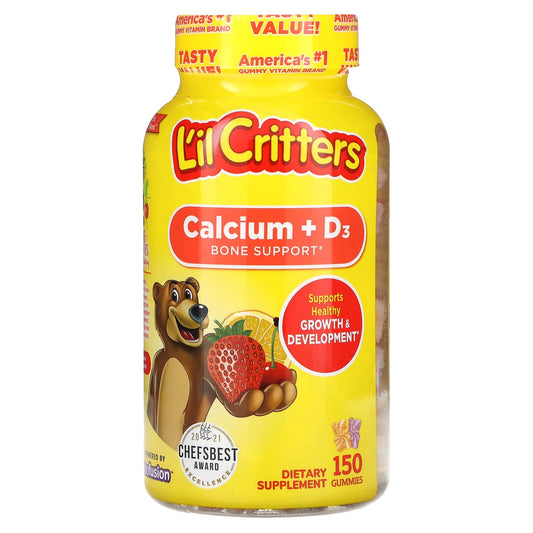 L'il Critters, Calcium + D3, Bone Support Gummies, Black Cherry Blast, Juicy Orange & Fresh Strawberry, 150 Gummies - Image 1