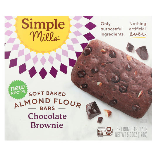 Simple Mills, Soft Baked Almond Flour Bars, Chocolate Brownie, 5 Bars, 1.19 oz (34 g) Each - Image 1