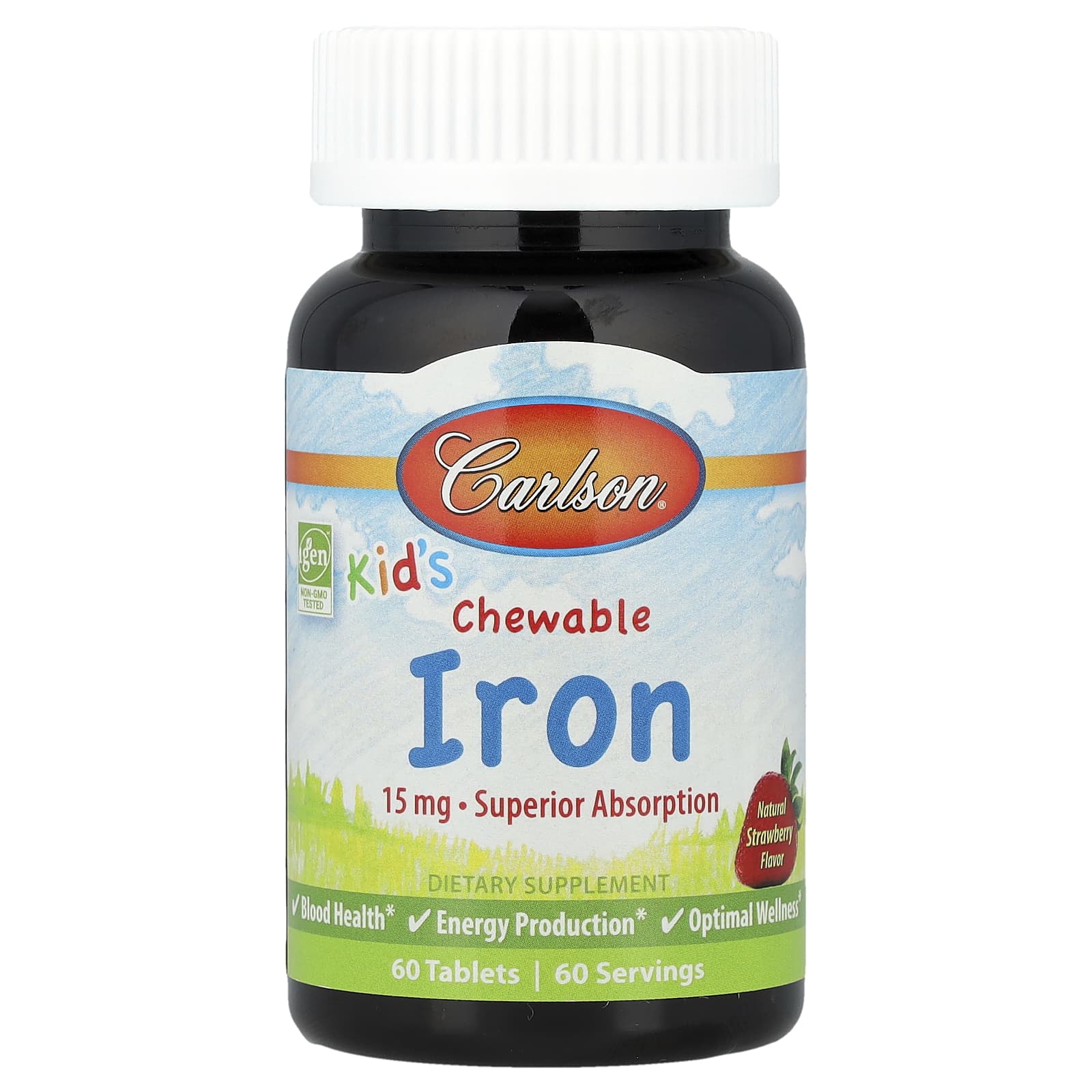 Carlson Natural Strawberry Kid's Chewable Iron Supplement 15mg 60 Tablets - Image 1