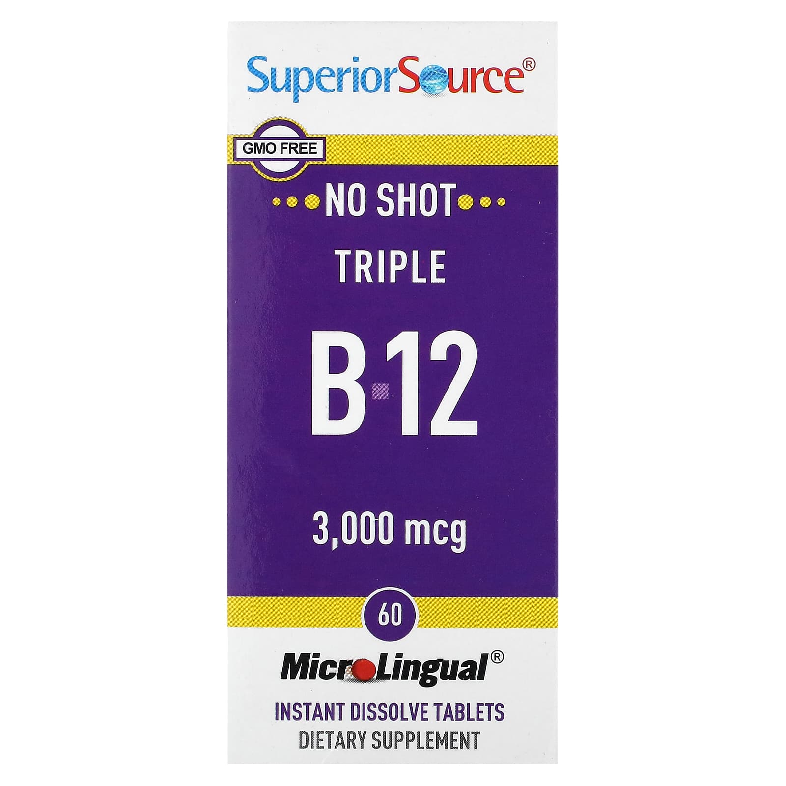 Superior Source, Triple B-12, 3,000 mcg, 60 MicroLingual Instant Dissolve Tablets - Image 1