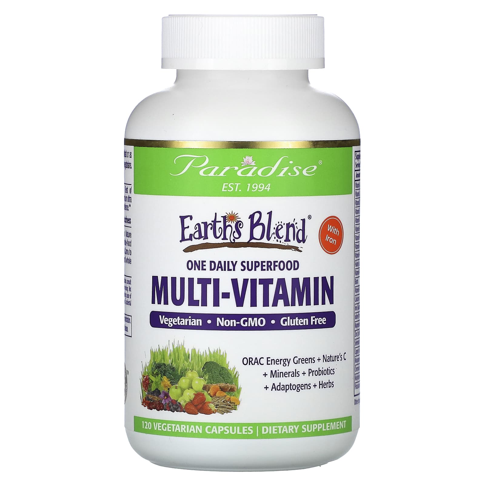 Paradise Herbs, Earth's Blend, One Daily Superfood Multi-Vitamin with Iron, 120 Vegetarian Capsules - Image 1