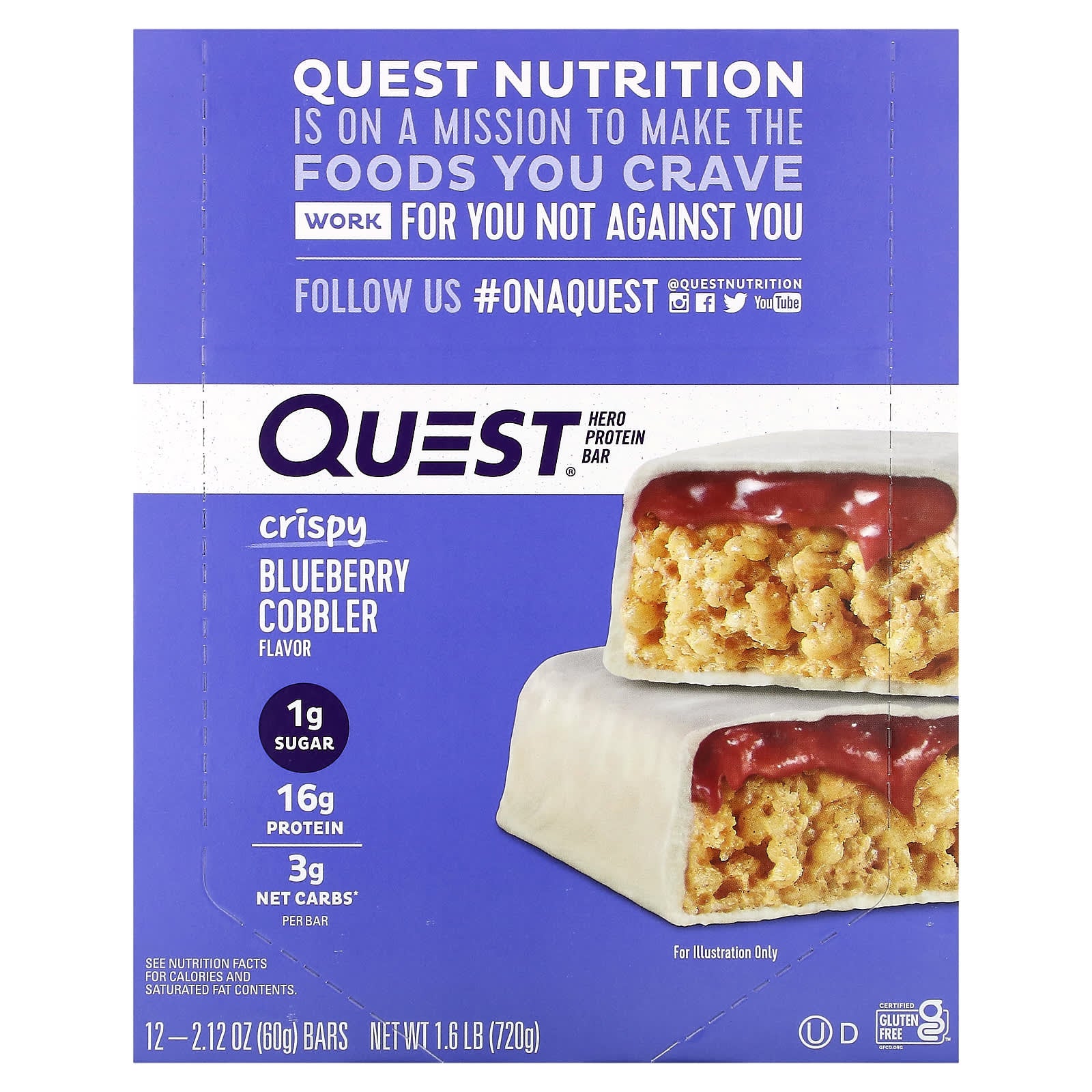 Quest Nutrition, Hero Protein Bar, Crispy Blueberry Cobbler, 12 Bars, 2.12 oz (60 g) Each - Image 1