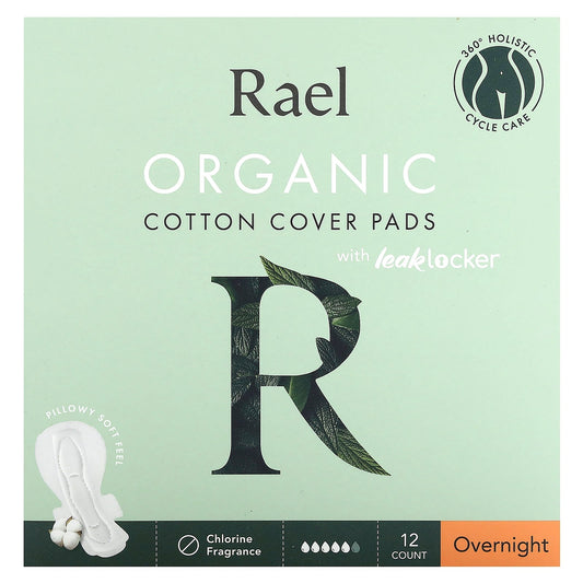 Rael, Organic Cotton Cover Pads with Leak Locker, Overnight , 12 Count - Image 1