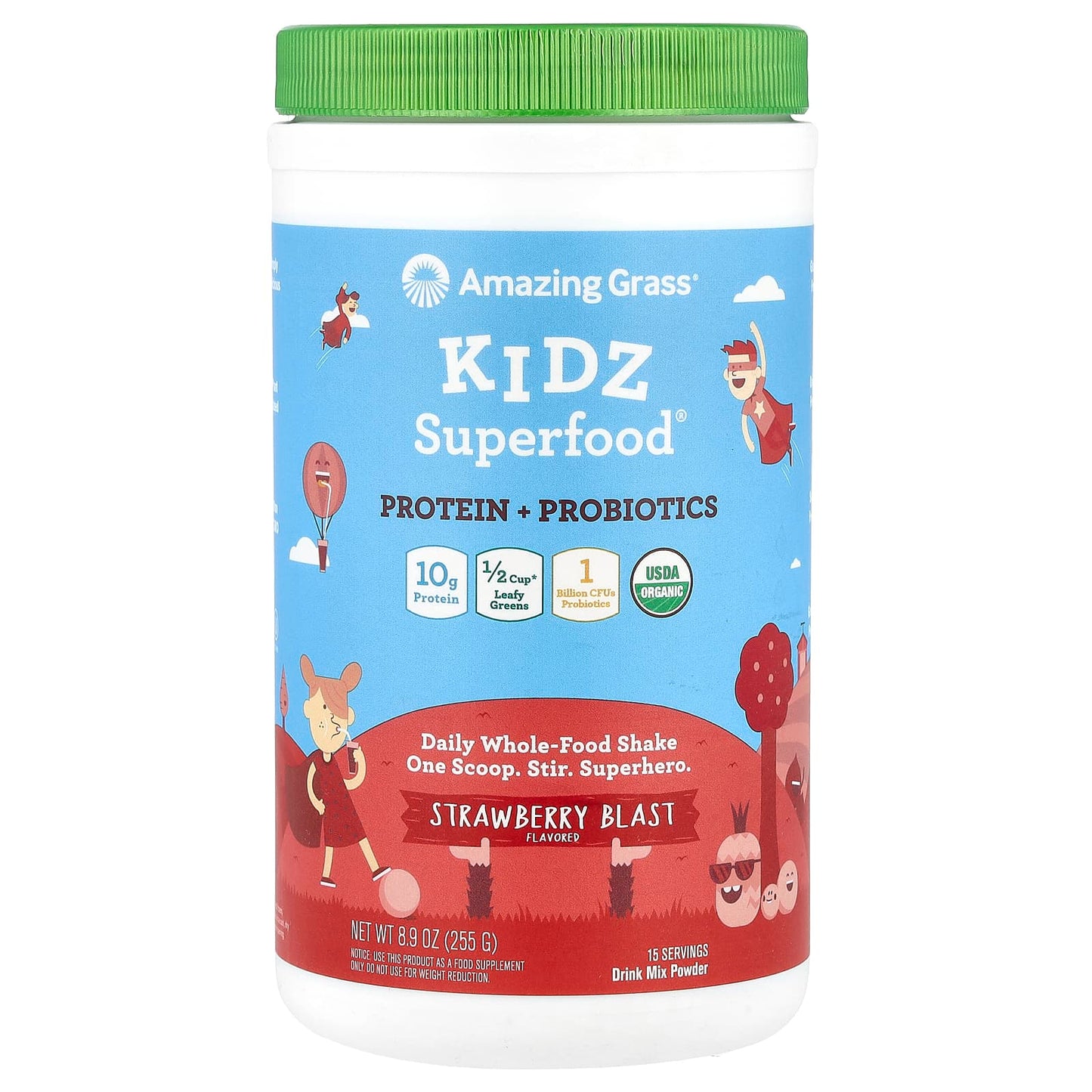 Amazing Grass Kidz Superfood Protein + Probiotics Strawberry Blast 8.9 oz - Image 1
