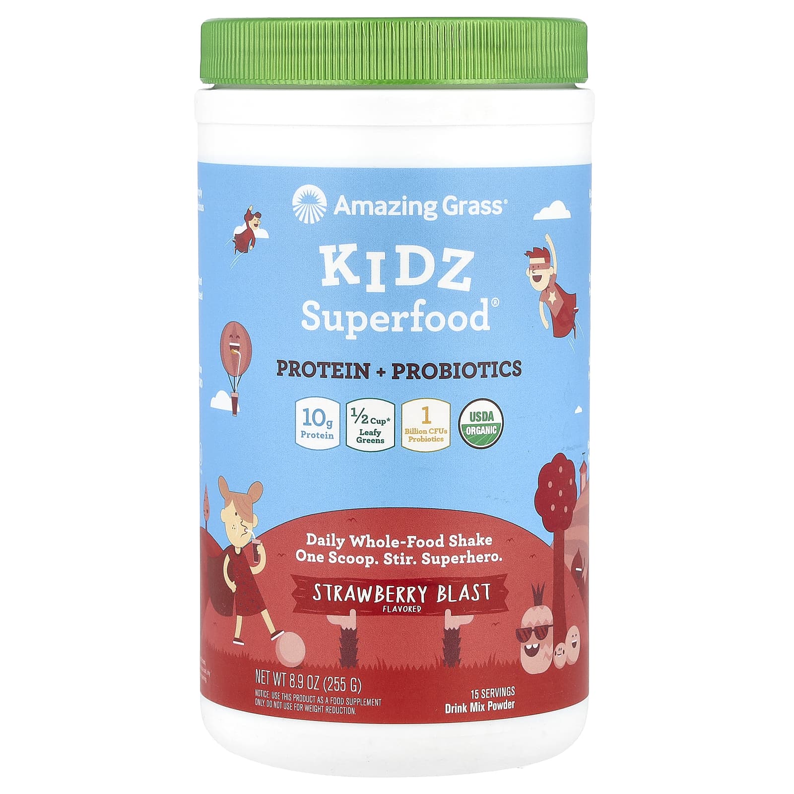 Amazing Grass Kidz Superfood Protein + Probiotics Strawberry Blast 8.9 oz - Image 1