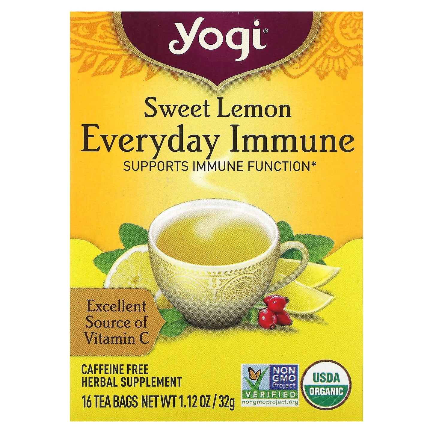Yogi Tea, Sweet Lemon Everyday Immune, Caffeine Free, 16 Tea Bags, 1.12 oz (32 g) Each - Image 1