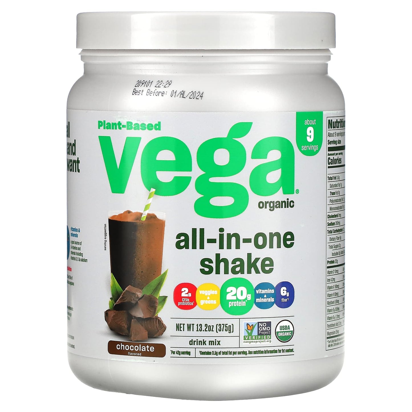 Vega, Organic, All-in-One Shake, Chocolate, 13.2 oz (375 g) - Image 1