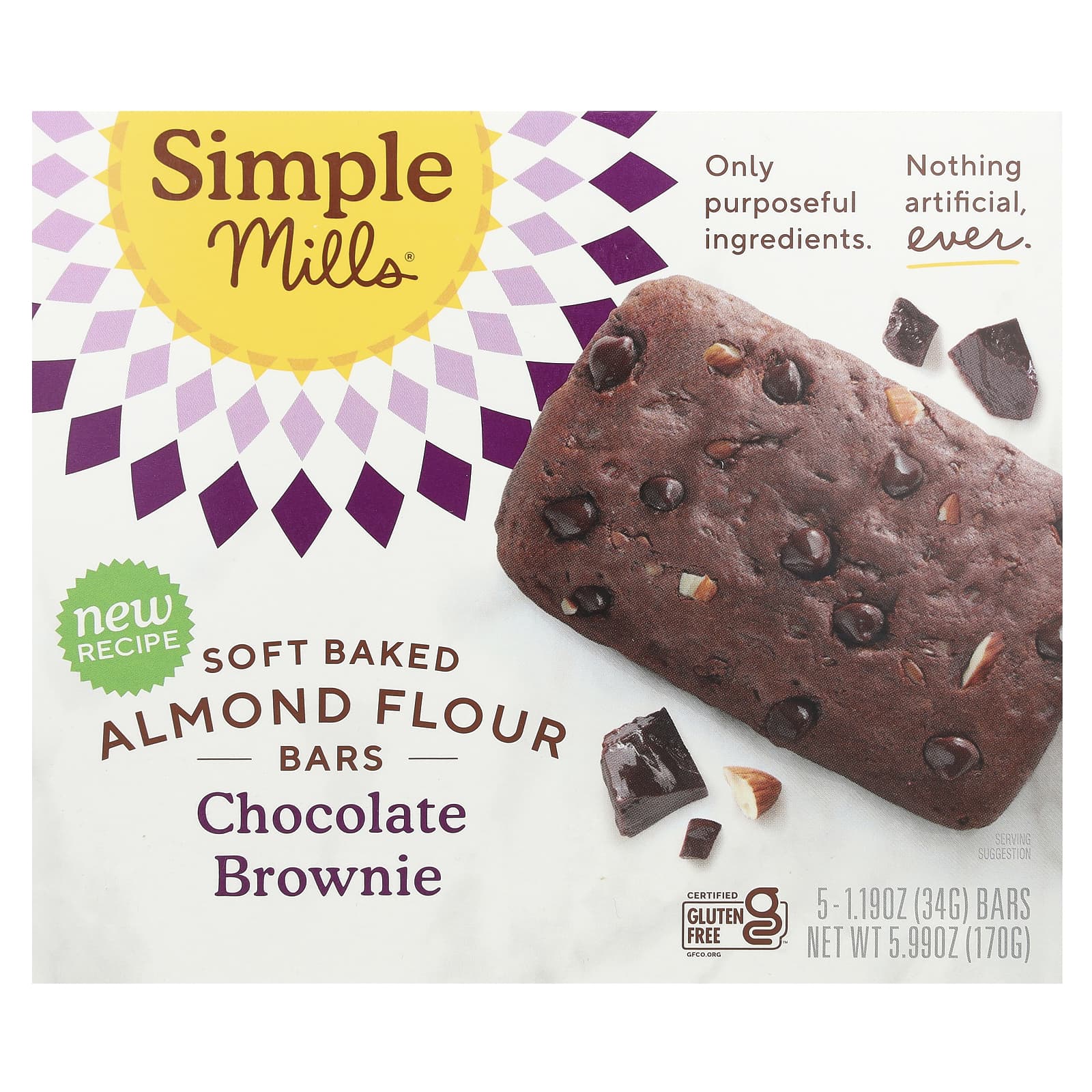 Simple Mills, Soft Baked Almond Flour Bars, Chocolate Brownie, 5 Bars, 1.19 oz (34 g) Each - Image 1