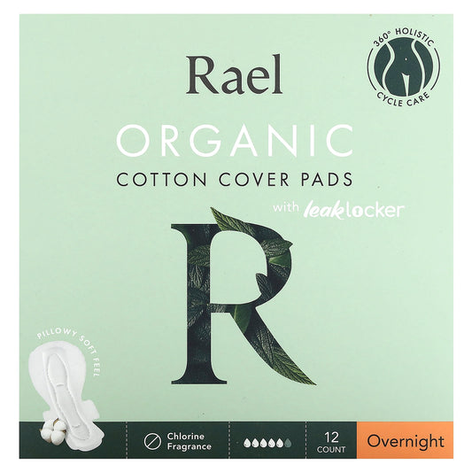Rael, Organic Cotton Cover Pads with Leak Locker, Overnight , 12 Count - Image 1
