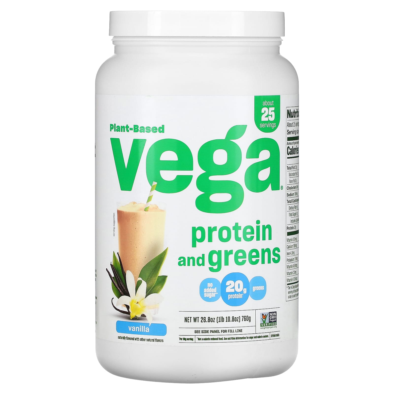 Vega, Plant Based Protein and Greens, Vanilla, 26.8 oz (760 g) - Image 1