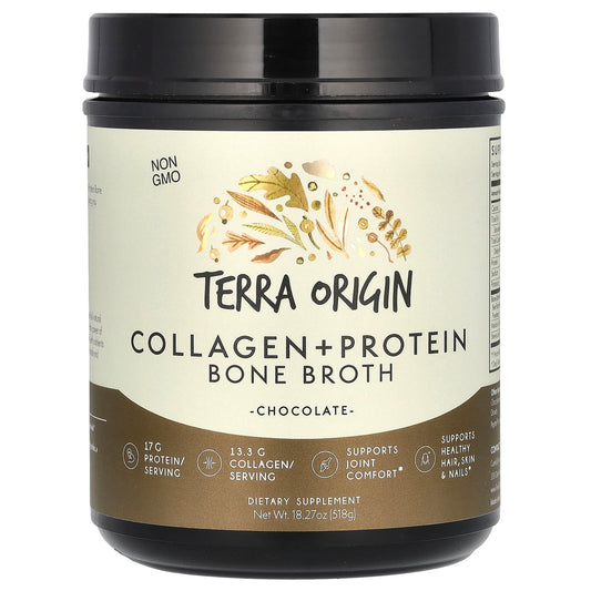 Terra Origin, Collagen + Protein Bone Broth, Chocolate, 18.27 oz (518 g) - Image 1