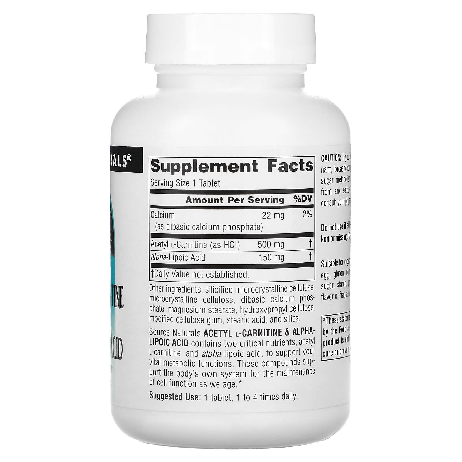 Source Naturals, Acetyl L-Carnitine & Alpha-Lipoic Acid, 650 mg, 60 Tablets - Image 2