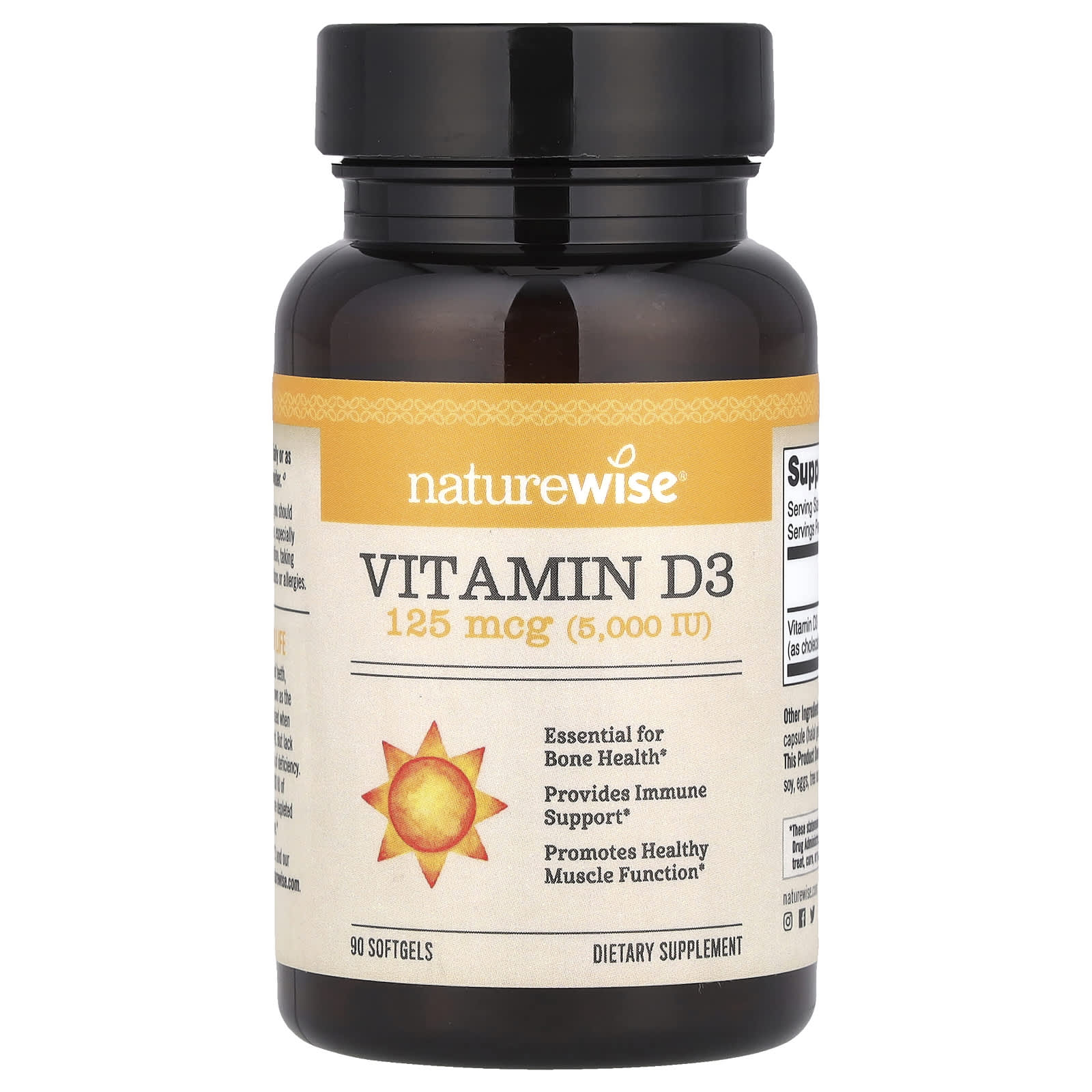 NatureWise, Vitamin D3, 125 mcg (5,000 IU), 90 Softgels - Image 1