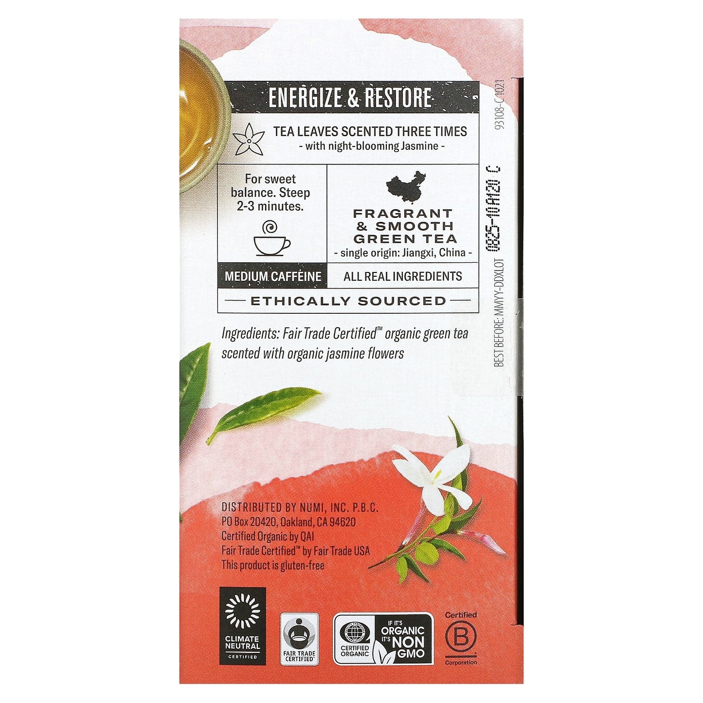 Numi Tea, Organic Green Tea, Jasmine Green, 18 Tea Bags, 1.27 oz (36 g) - Image 2
