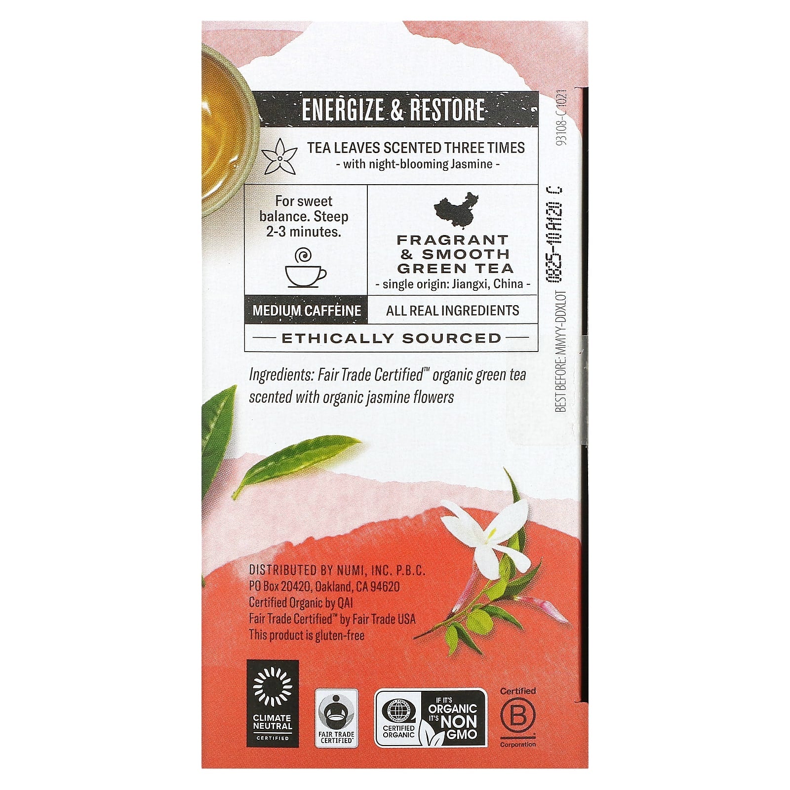Numi Tea, Organic Green Tea, Jasmine Green, 18 Tea Bags, 1.27 oz (36 g) - Image 2
